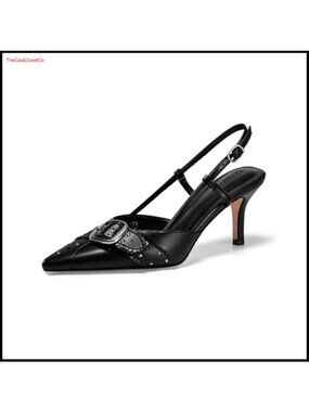 Coutgo Womens Slingback Kitten Heels Studded Closed Pointed Toe Pumps Buckle